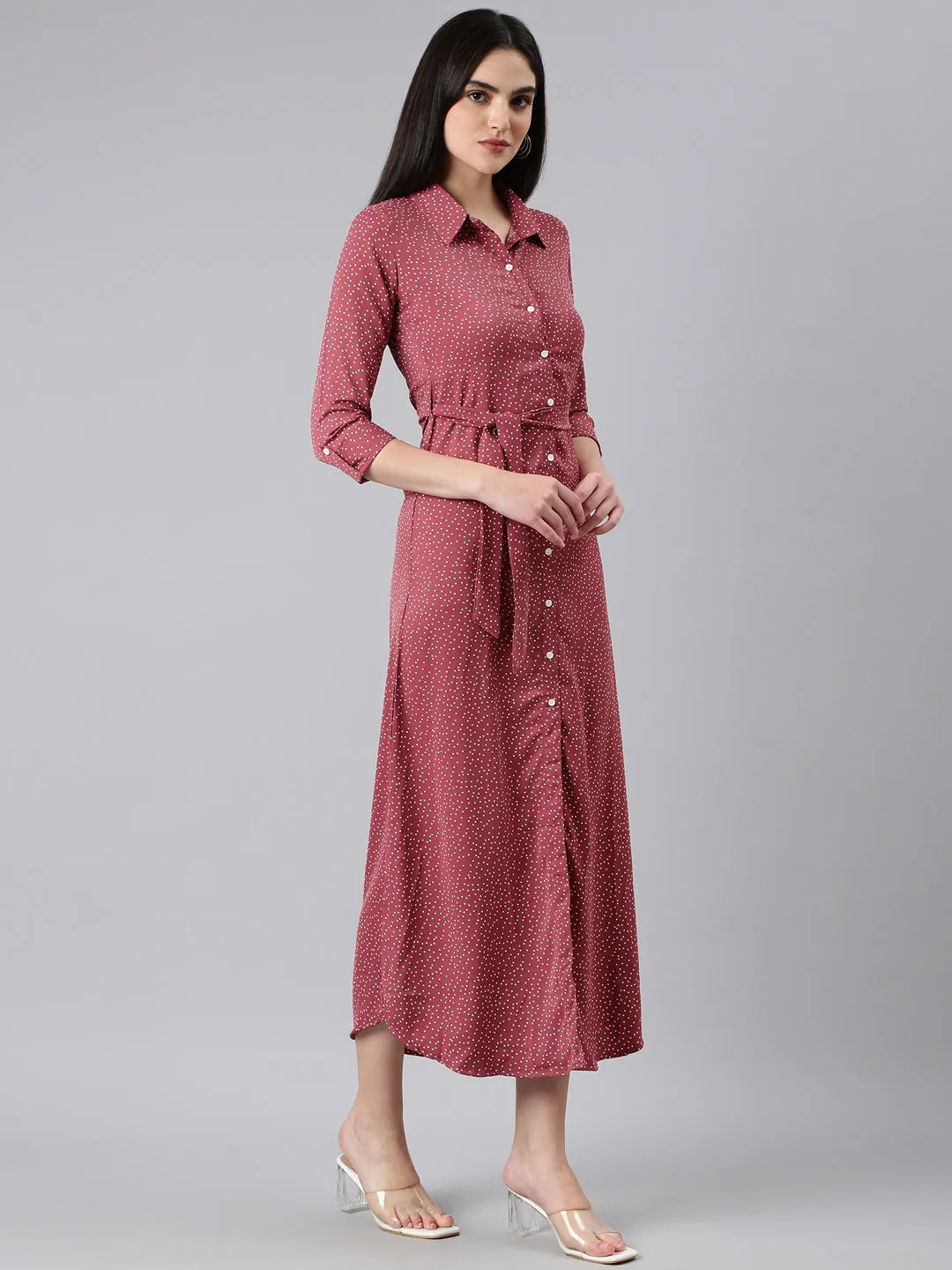Women Mauve Polka Dots Shirt Dress