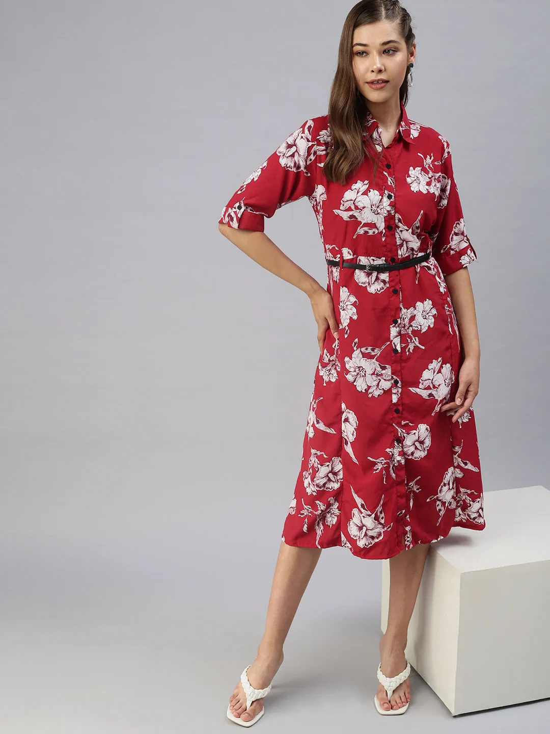 Women Printed Fit and Flare Red Dress