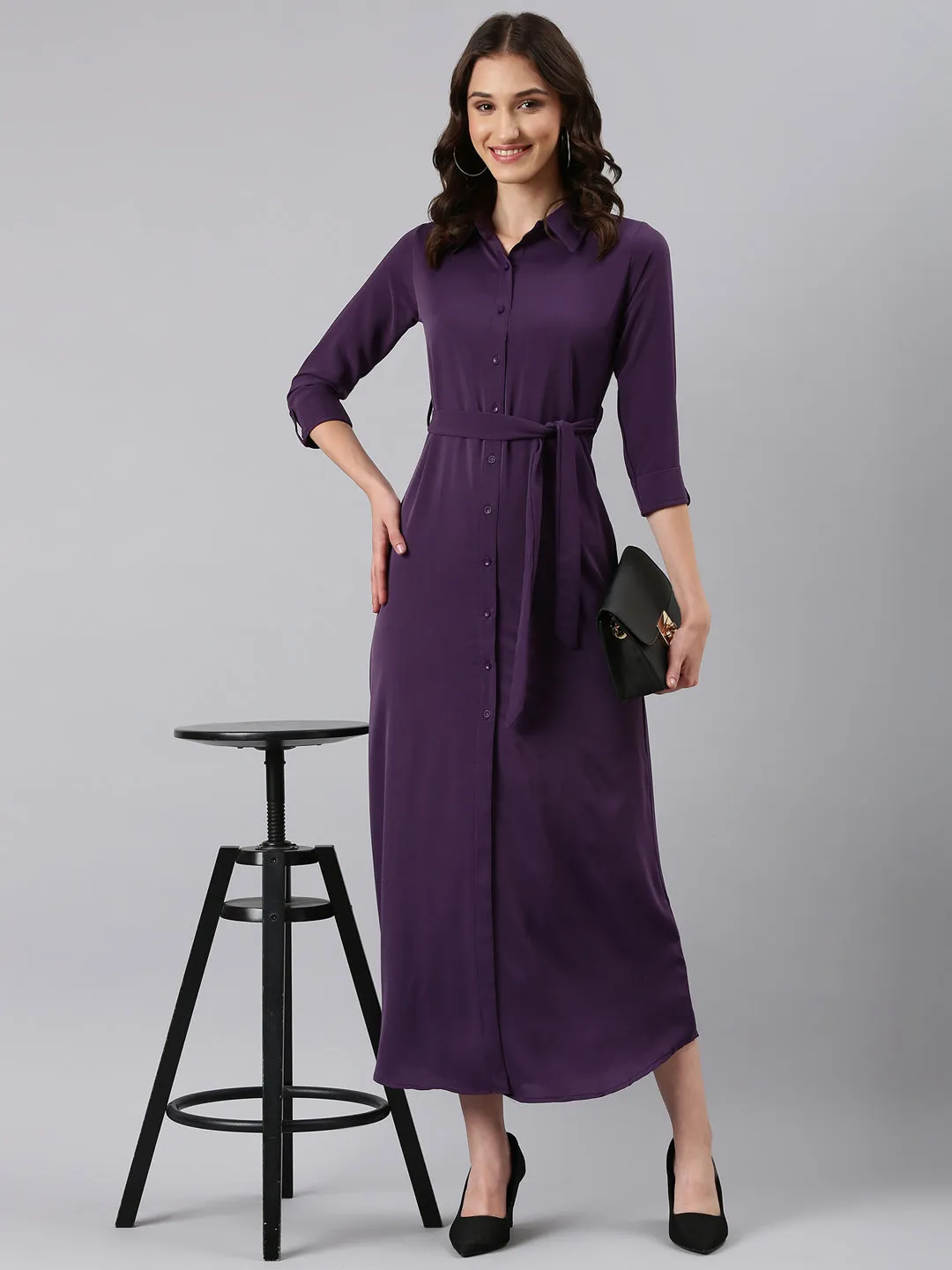 Women Violet Solid Shirt Dress