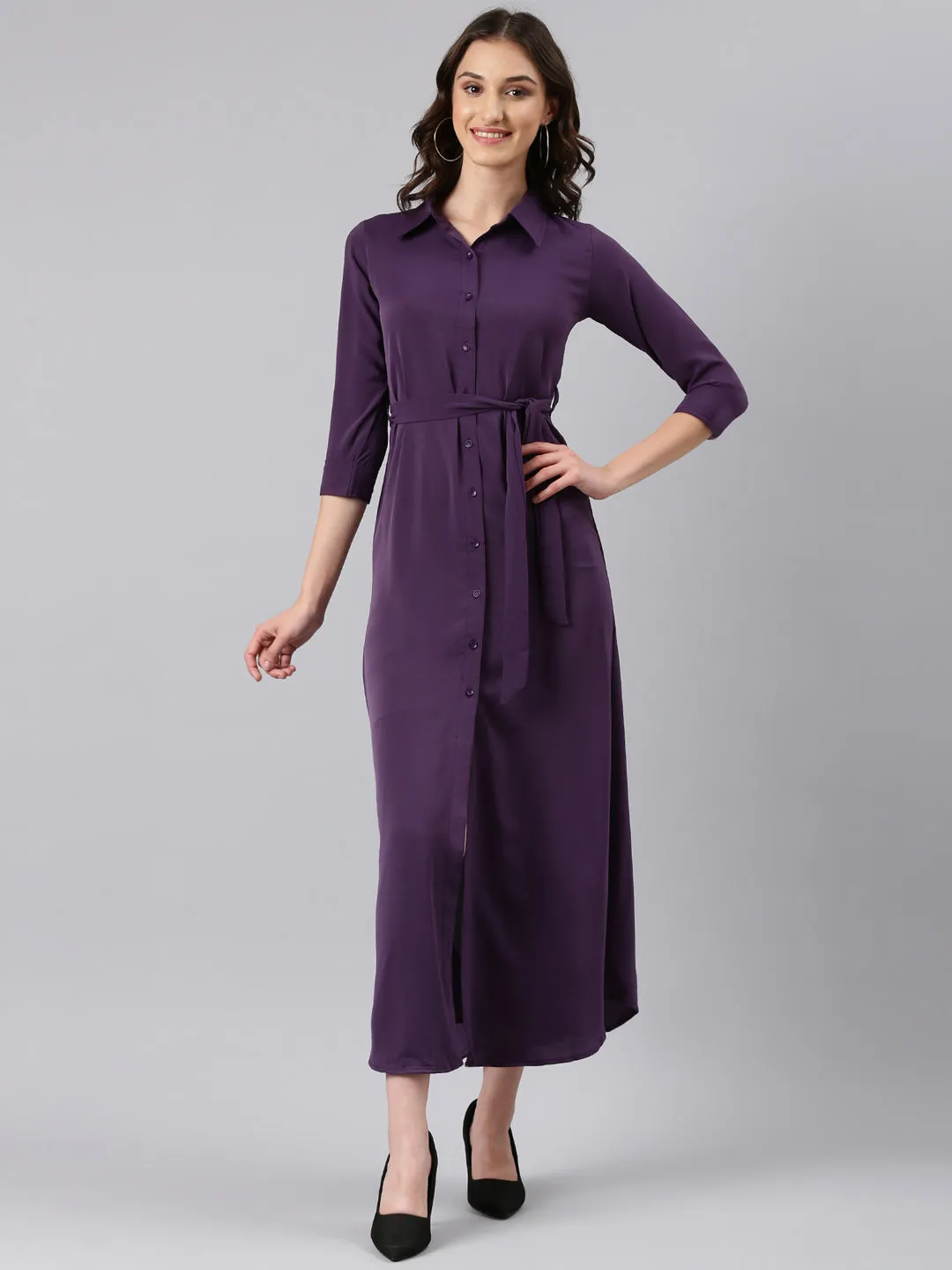 Women Violet Solid Shirt Dress